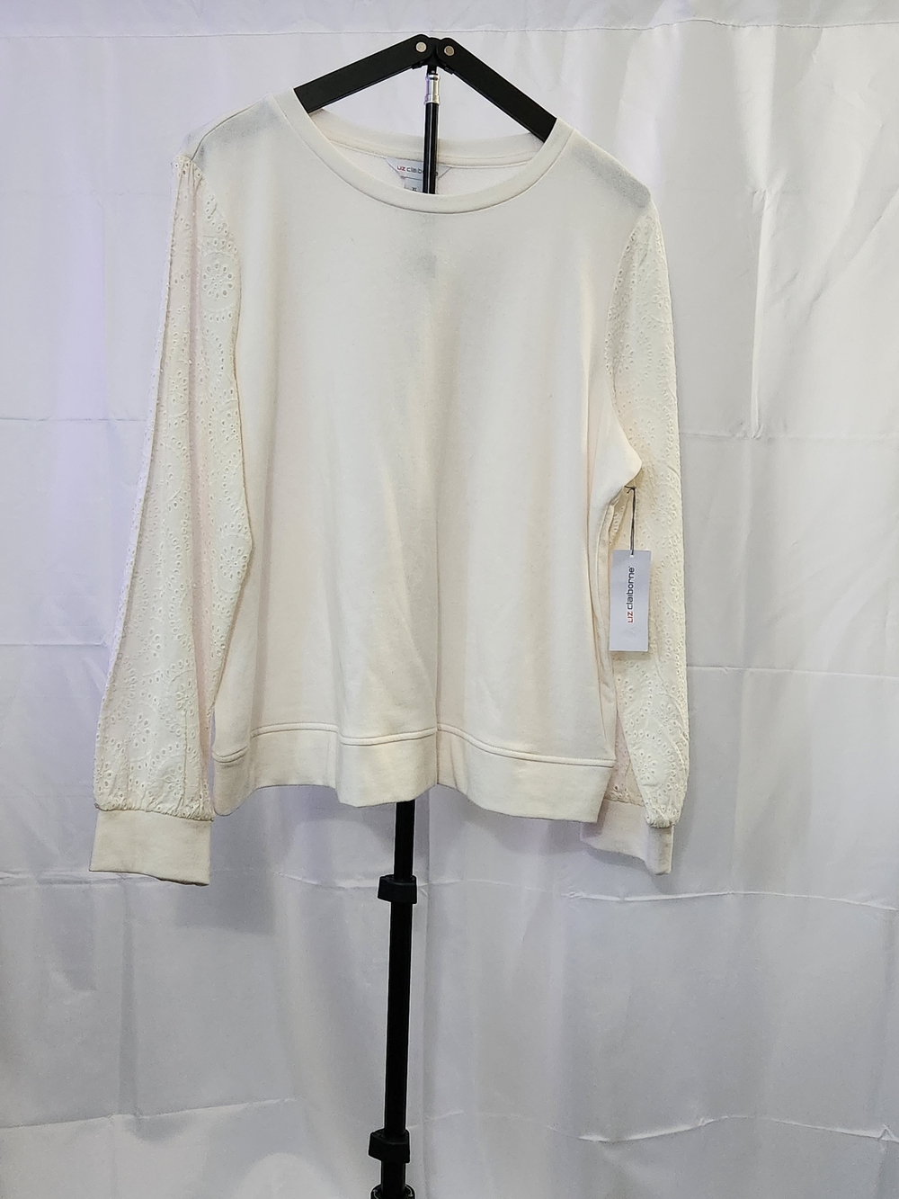 Liz Claiborne White Knit Top W/ Puffy Lace Eyelet Sleeve Sz XL  Cottagecore